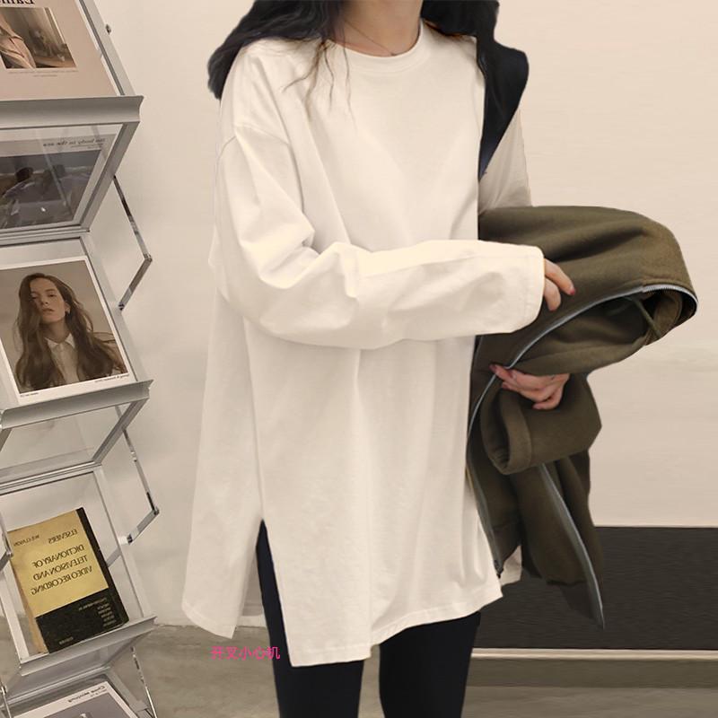White Long-Sleeve Cotton Sweater Tunic for Women - Mid-Length, Velvet-Lined, Butt-Covering. Perfect Autumn/Winter Layer.