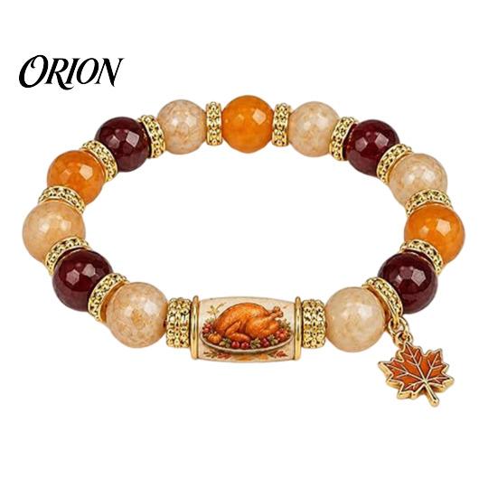 Thanksgiving Greeting Card Gift Bracelet for Women, Holiday Beaded with Commemorative Daily Wear Jewelry Maple Leaf Charm, Elastic Stretch Fall