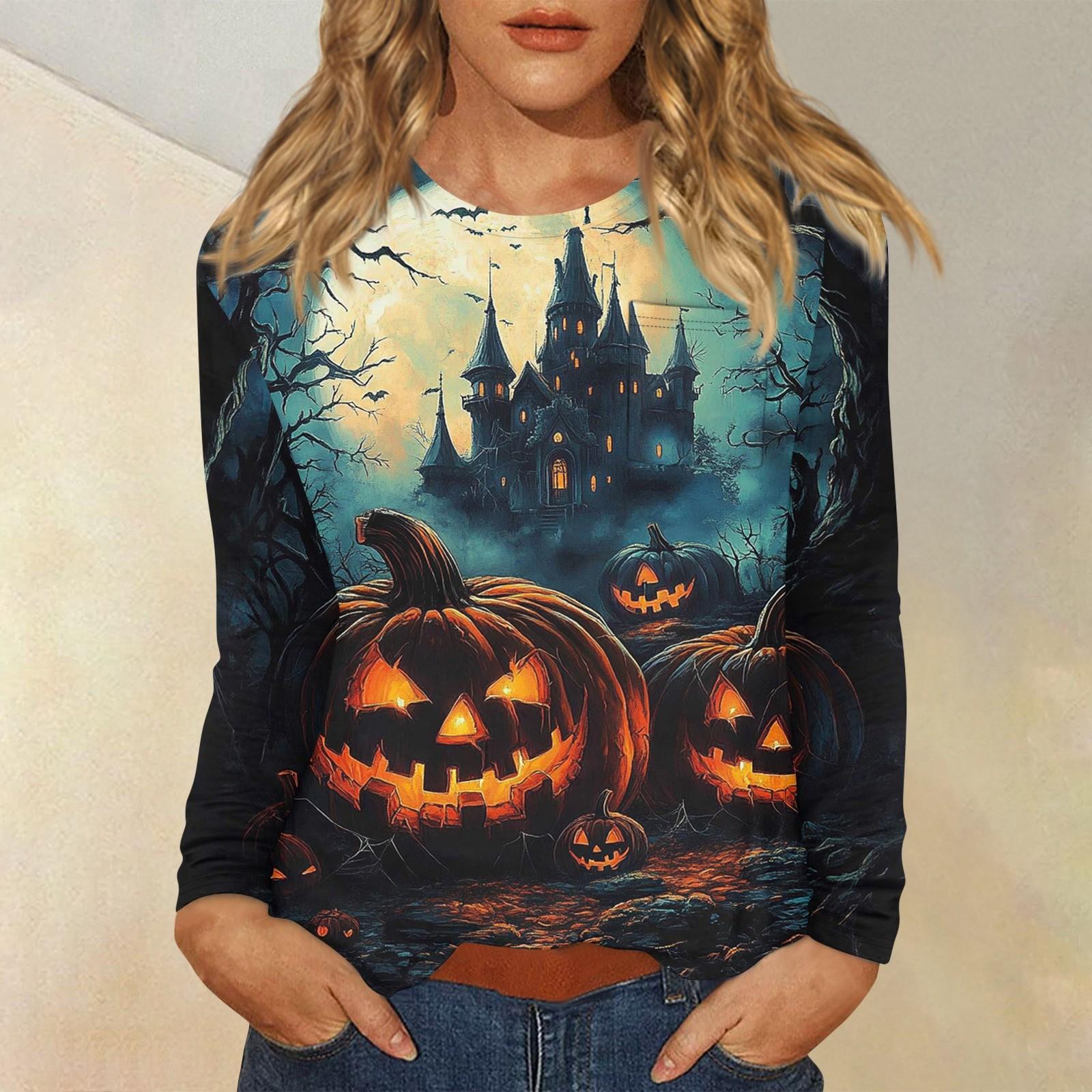 

Женская мода Повседневная ретро-принт с круглым вырезом и длинным рукавом Декоративная футболка Топ S тёмно-синий