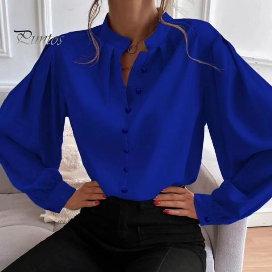 Women Shirt Stand Collar Lantern Long Sleeve Single Breasted Shirt Tops Solid Color Loose Fit Casual Shirt