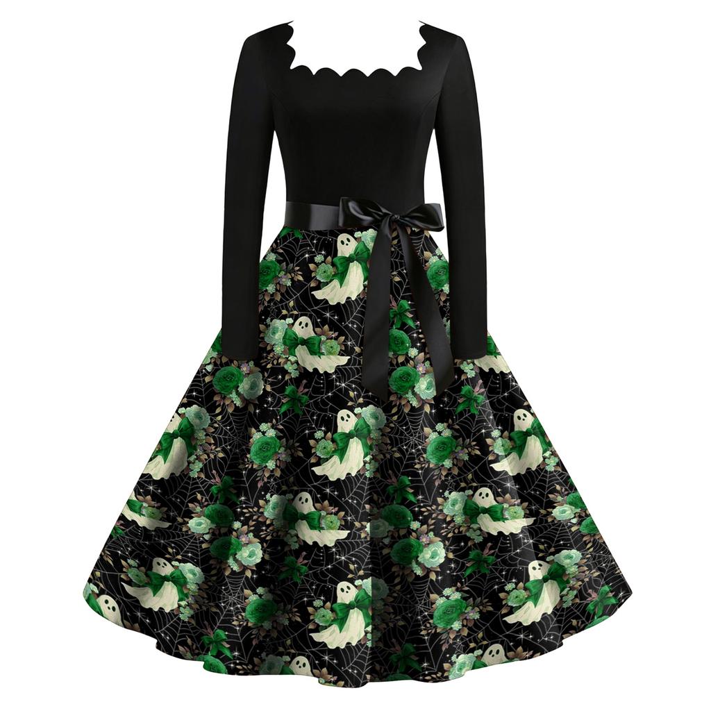 Women's Retro Long Sleeve Square Neck Halloween Print Party Dress
