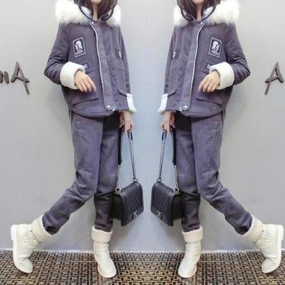 Women Winter Fleece Lined Corduroy 2 Piece Sets Thicken Faux Fur Collar Hood Parkas Coat +Harem Pant Outfits