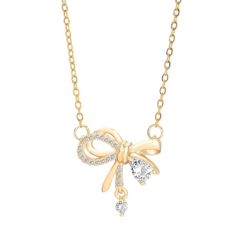 Wind Design Bow Necklace Women'S Light Luxury Versatile Micro-Inlaid Zircon Pendant With The Same Collarbone Chain