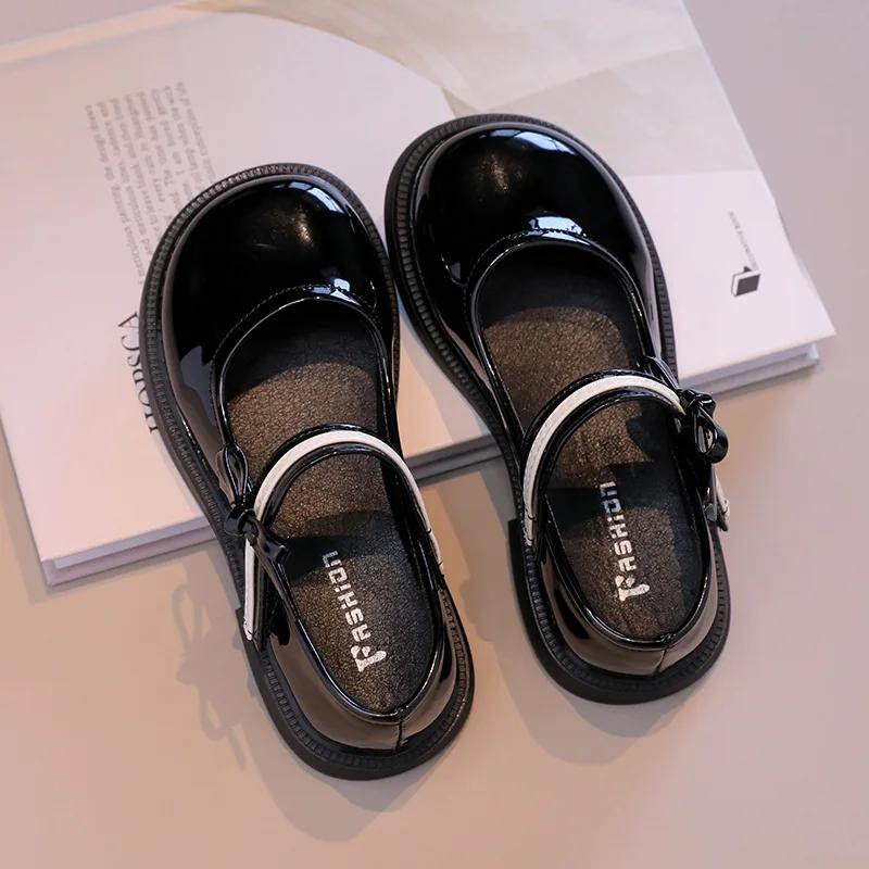 

Детские кожаные туфли весна-осень для девочек принцесса обувь мода галстук-бабочка глянцевый PU детские школьные туфли Мэри Джейн на липучке 26 чёрный