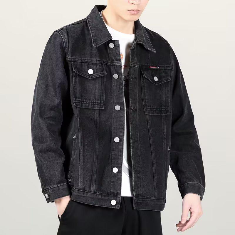Męska kurtka dżinsowa w kolorze czarnym o luźnym kroju: Wiosna i Jesień Modna Odzież Robocza w Stylu Koreańskim