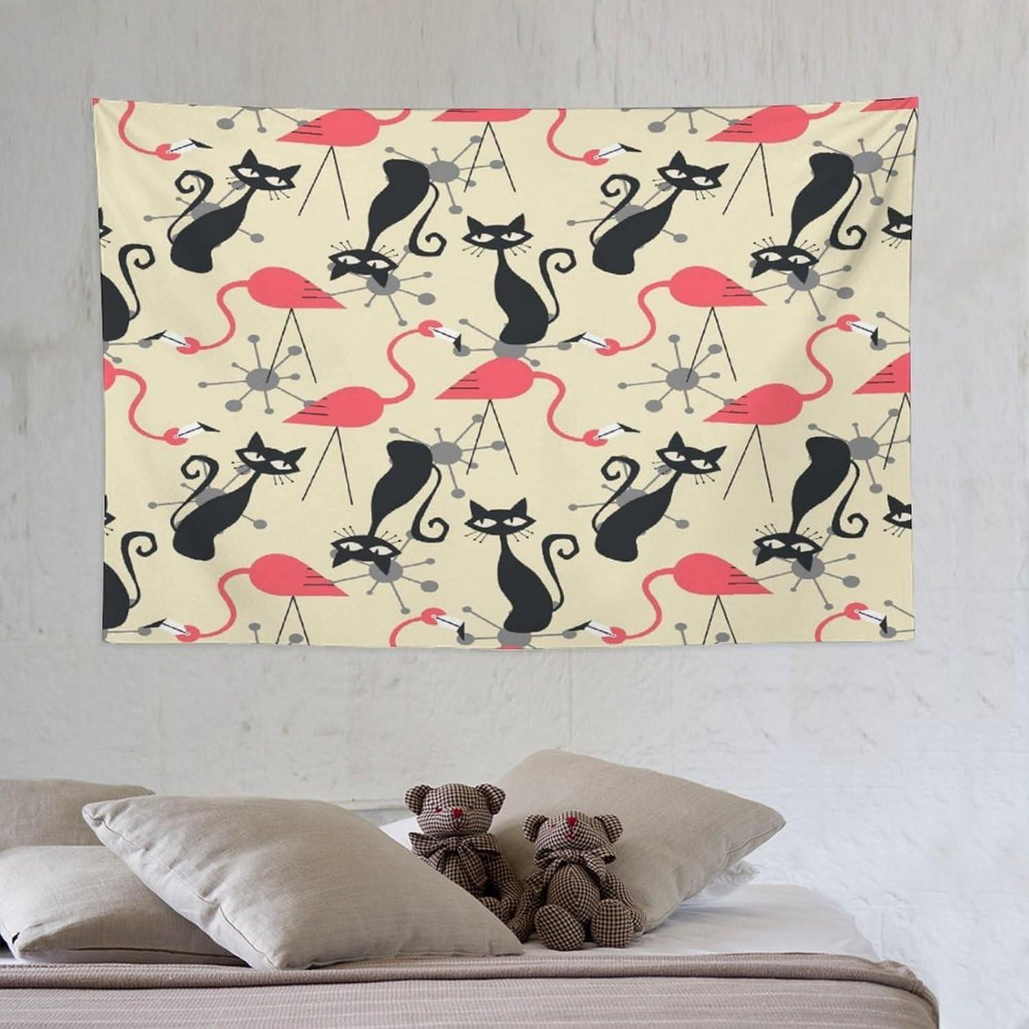 1pc Black cat and pink flamingo tapestry, polyester fabric, machine washable, suitable for bedroom and living room. 100X70CM
