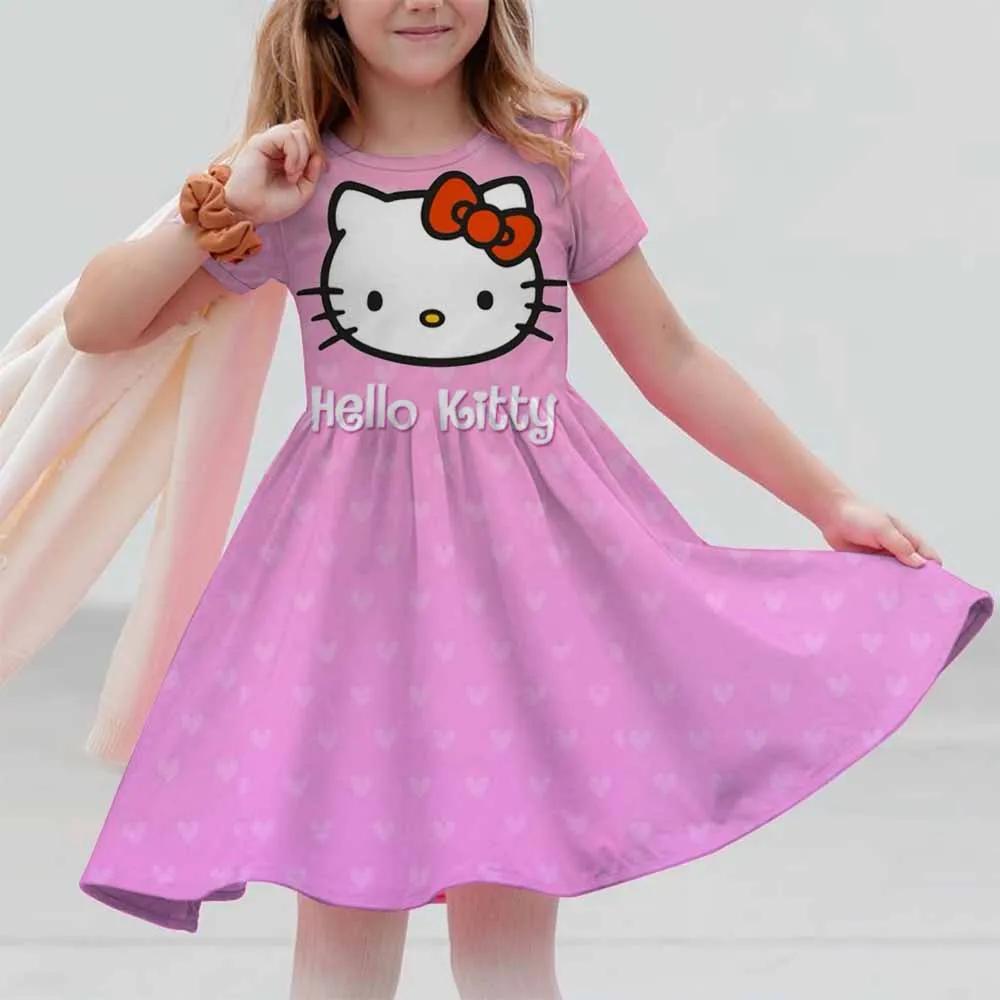 New Summer Dress Fashion Cartoon Cute Hello Kitty 3D Print Dresses Kids Short Sleeve Princess Girls Party Children Clothes