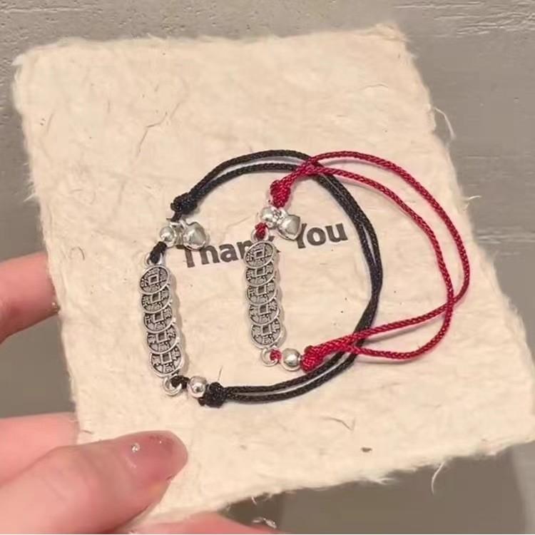 Stylish Chinese Red String Bracelet With Five Emperor Coins Plated Unisex Alloy