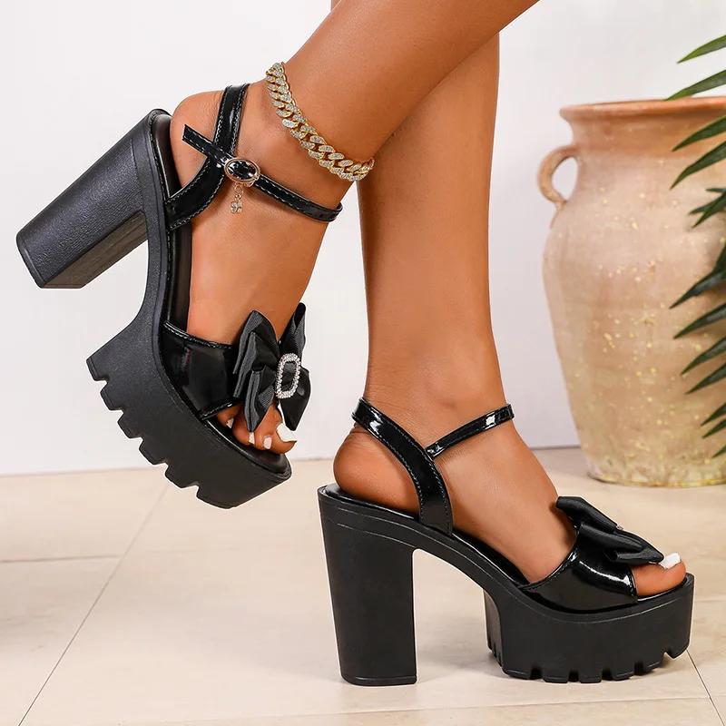 Fashion Bowtie Super High Heels Sandals for Women Shiny Crystal Chunky Platform Sandals Ankle Buckle Thick Sole Square Heeled Shoes
