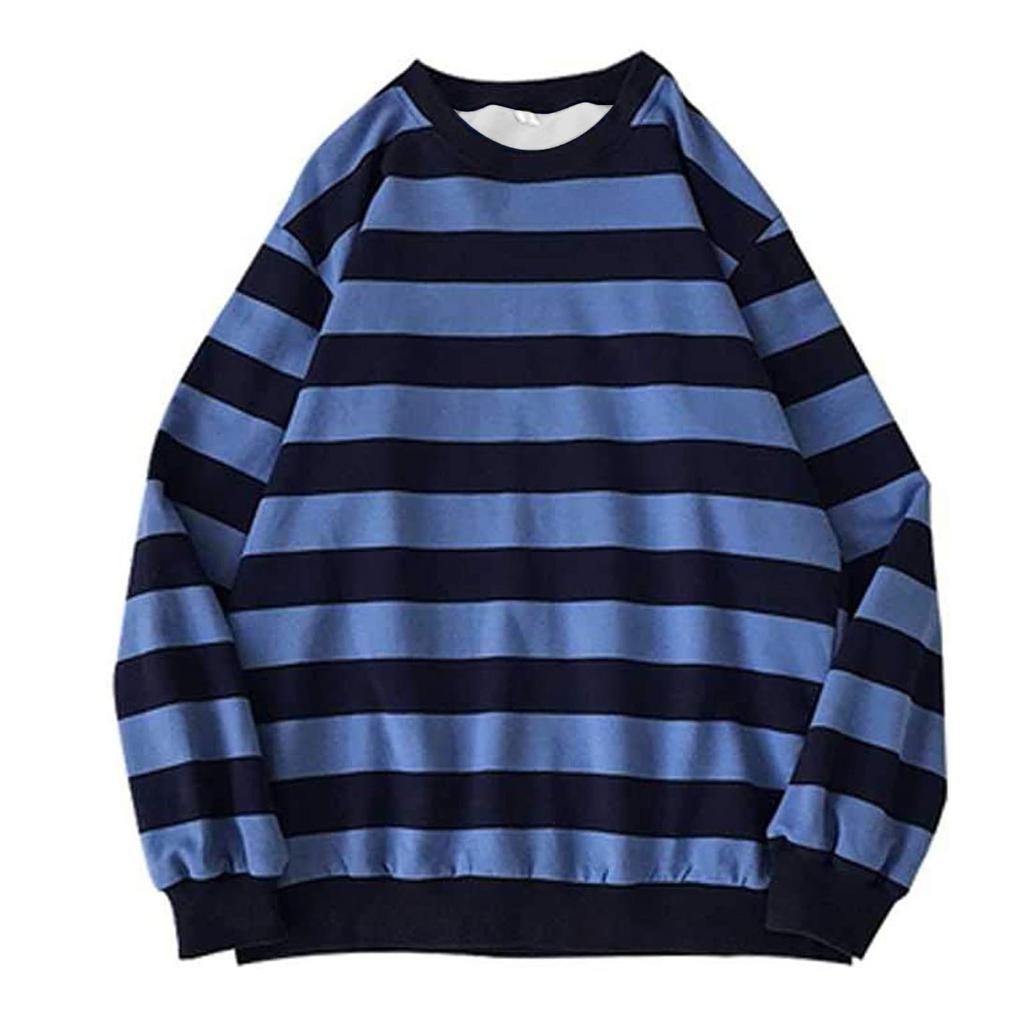 Men's Autumn Winter Round Neck Stripe Sweatshirt Pullover Tops Long Sleeved