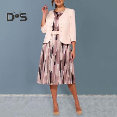 2Pcs/Set Mulheres Plus Size Elegante Vestido Casaco Conjunto O Neck Manga Curta Estampado Vestido Cor Sólida Manga 3/4 Trespassado Terno Casaco Conjunto