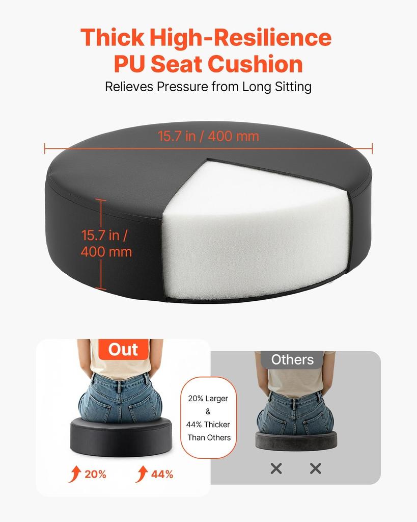 Rolling Stools with Wheels, Set of 2, 226.8kg Weight Capacity, Height Adjustable, Thick Cushion Ergonomic PU Leather Seat, 360° Swivel Round Rolling
