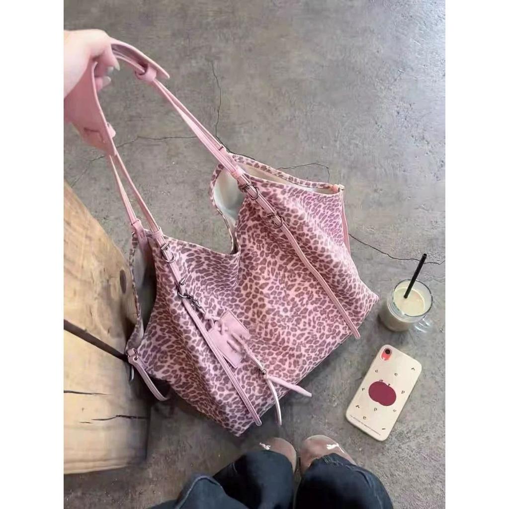 Hot Girl Retro Pink Leopard Tote Bag Women Large Capacity Hobos Handheld Shoulder Bag Ladies Fashion Commute Daily Underarm Bags