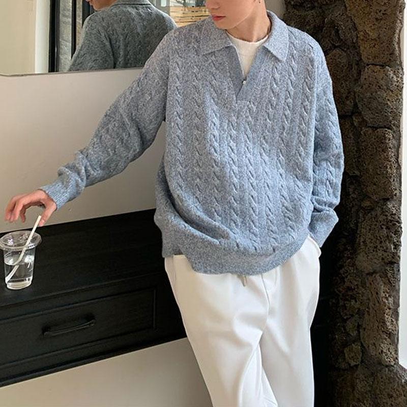 Modne swetry z luźnym kołnierzykiem typu turn-down jesień zima jednolity kolor odzież męska podstawowe casualowe swetry dzianinowe z długim rękawem