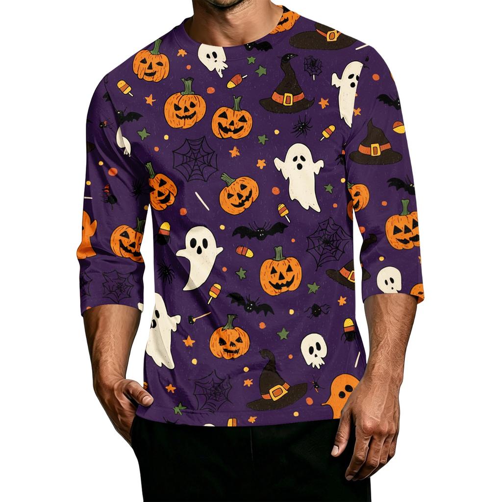 Men's Casual Halloween Printed Crew Neck Three Quarter Sleeve T Shirt with Pumpkin Graphic Loose Fit Comfortable Top