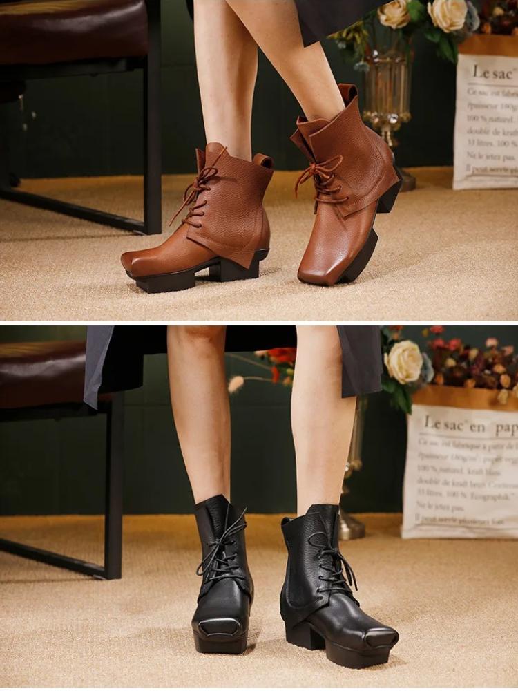 Johnature Square Toe Thick Heel Short Boots Genuine Leather Lace-up Women's Fashion Platform Boots