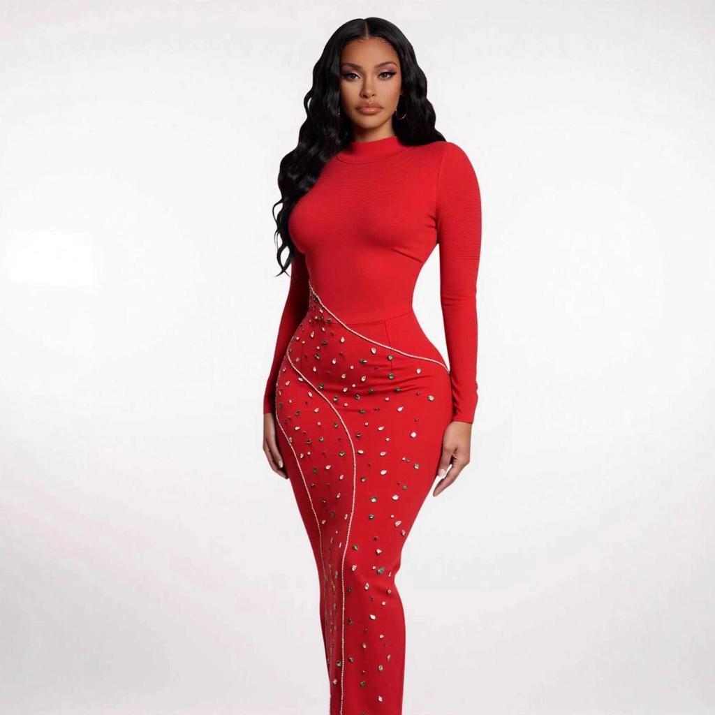 Women's Elegant Rhinestone Round Neck Slim Fit Evening Dress