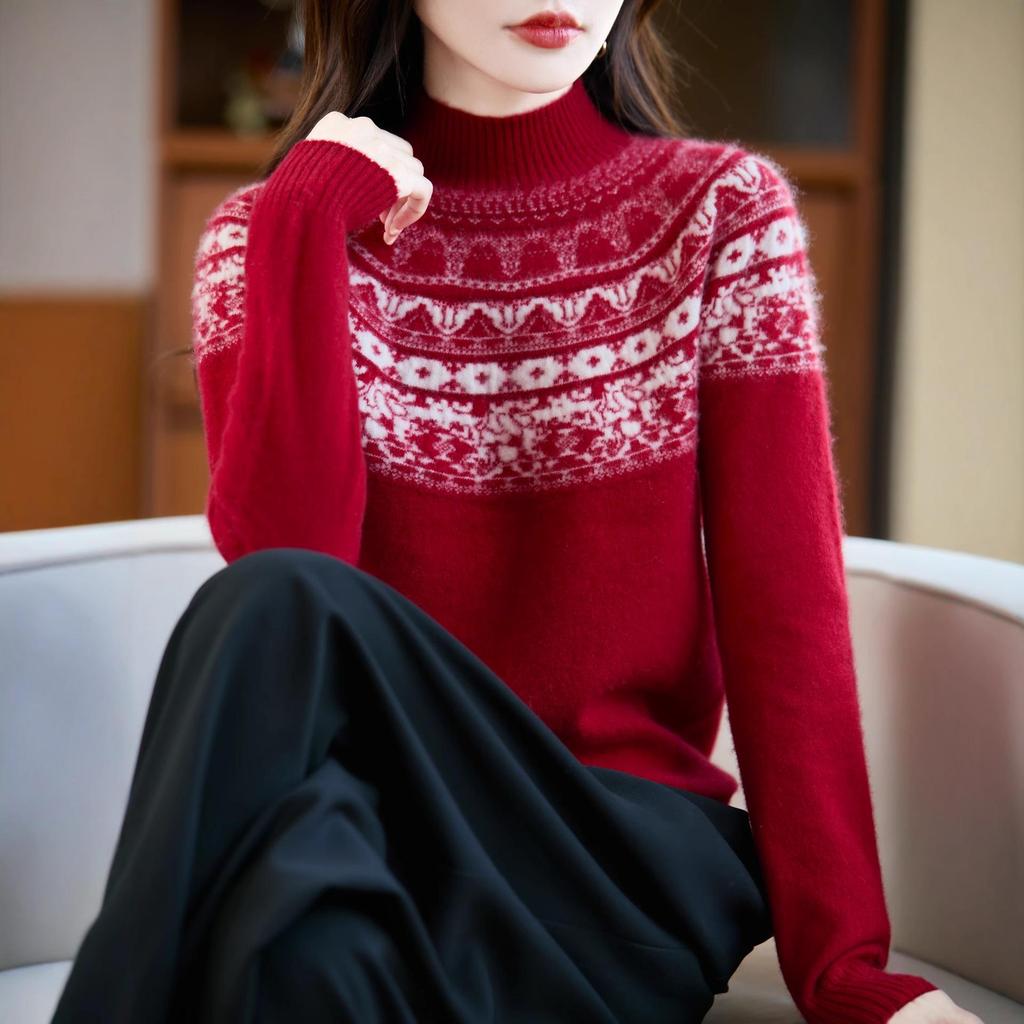 Women's Jacquard Wool Sweater: Half-High Collar, Exquisite Pattern, Loose Fit, Perfect for Autumn and Winter