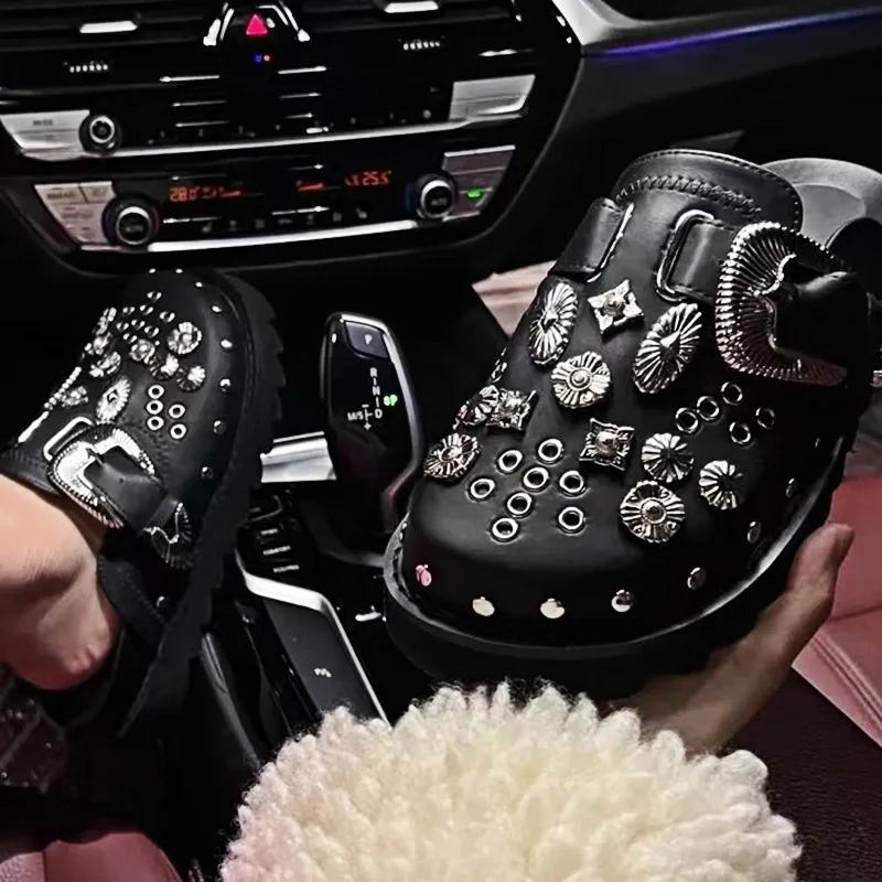 Summer Women Slippers Platform Rivets Punk Rock Leather Mules Creative Metal Fittings Casual Party Shoes Female Outdoor