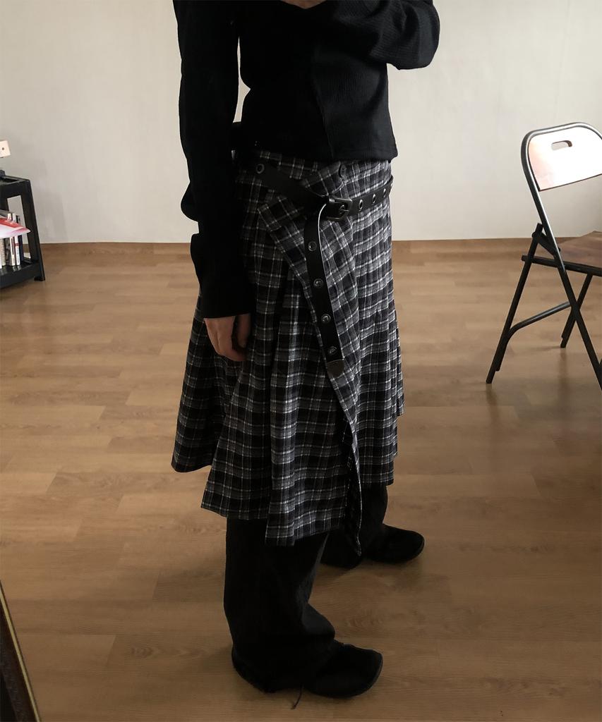 Place Studio Double Button Check Midi Layered Wrap Pleated Skirt [Check]