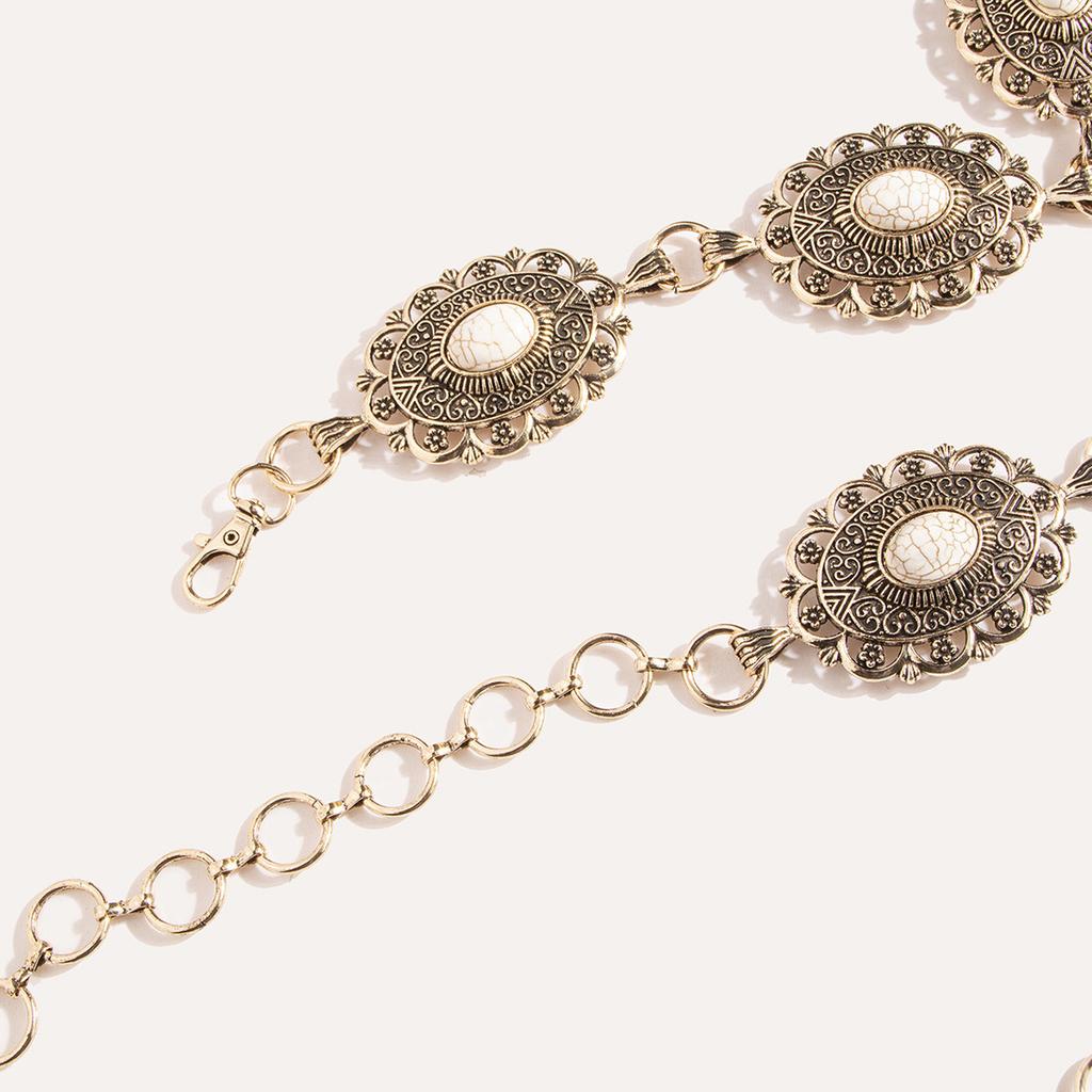 Women's Heavy Industry Exquisitely Carved White Turquoise Palace Style Heavy Metal Waist Chain Retro Fashionable Dress Belt