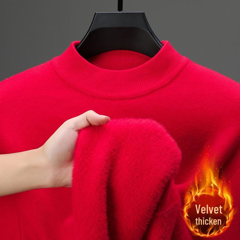 Men's Winter Velvet Fleece Knitwear: Half-High Collar Solid Base Layer Sweater