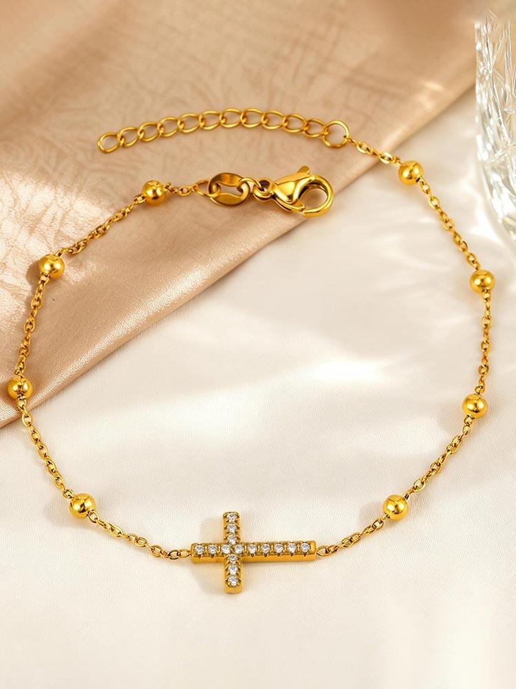 Zierliches Reiskorn Zirkon Kreuzarmband für Damen Edelstahl Kreuzarmbänder Exquisites Oster Schmuckgeschenk