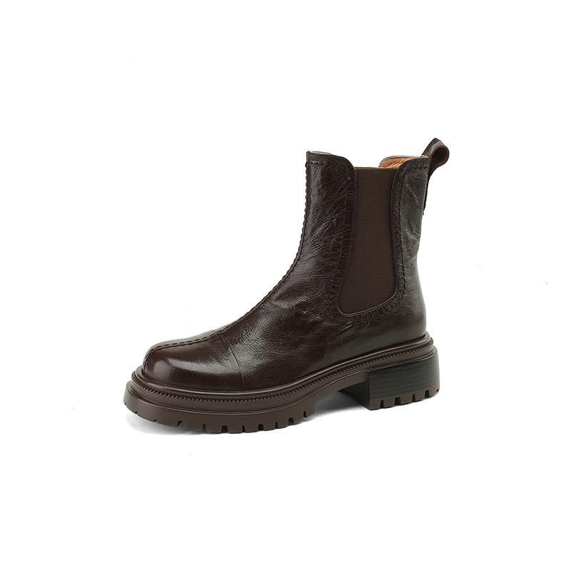 

2024 Осенние ботинки Женские туфли из натуральной кожи для женщин Ботильоны с круглым носком Туфли на толстом каблуке Вестерн-ботинки Туфли на платформе 34