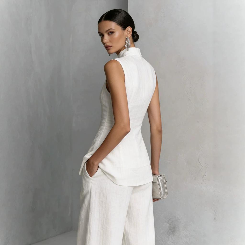 Completo Due Pezzi da Donna a Vestibilità Larga Top Blusa Senza Maniche con Collo Alto Pantaloni a Gamba Larga Vita Alta