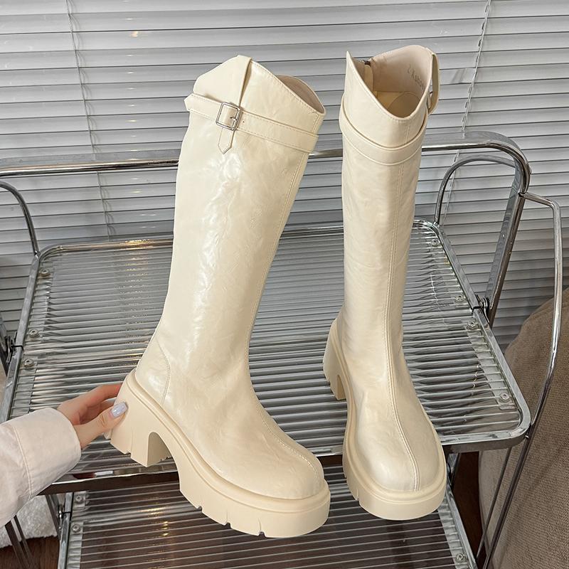 Autumn Winter Platform Thick Heel Women Knight High Boots Cosy Soft Leather Street Style Mordern Long Booties  De Mujes