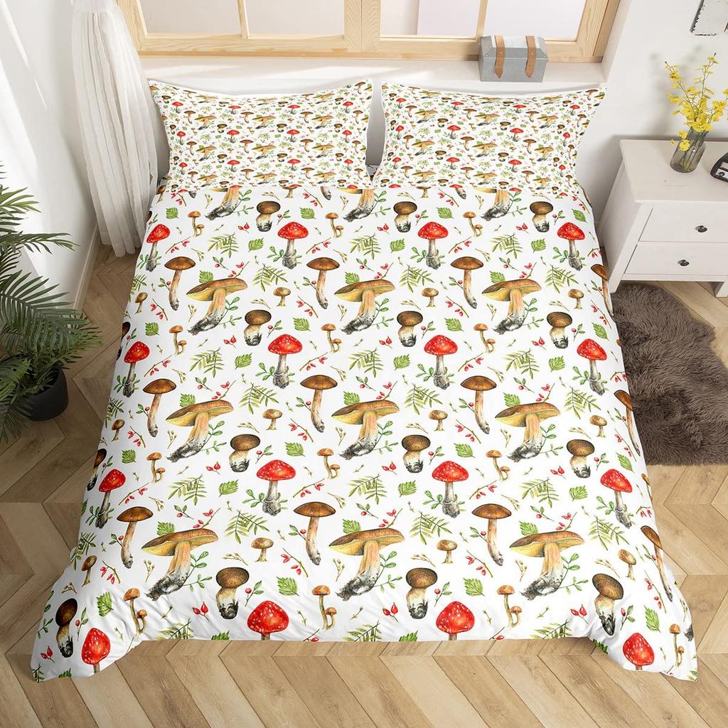 Mushroom Duvet Cover Watercolor Fungus Bedding Set Wild Botanical Comforter Cover Set Retro Leaf Pattern Polyester Quilt Cover