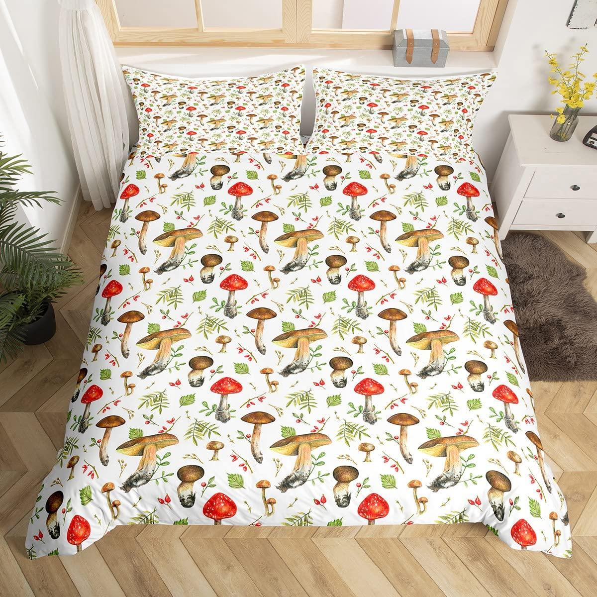 

Mushroom Duvet Cover Watercolor Fungus Bedding Set Wild Botanical Comforter Cover Set Retro Leaf Pattern Polyester Quilt Cover EU single(135x200cm)