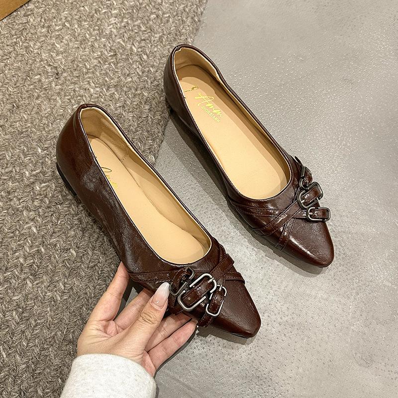 

Fashion Women s Flat Shoes Spring New Pointed Head Shallow Mouth Metal Buckle Soft Sole Anti-slip Wear-resistant Single Shoes 39 хаки