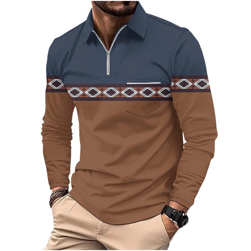 Men's Printed Polo Shirt with Zipper Pocket Sports Long Sleeved Polo Shirt