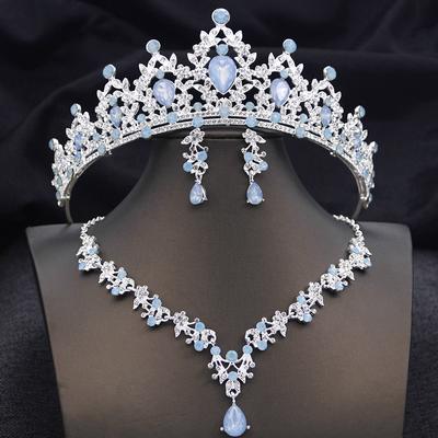 Opalblaue Diademe Sets Brautschmuckset für Prinzessinnenhochzeit Krone und Halskette Ohrring Abschlussball Geburtstagskleid Kostümzubehör