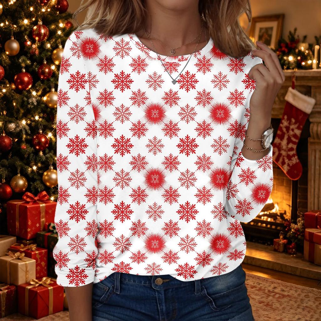Women's Christmas Print Crewneck Long Sleeve Pullover Top for Holiday Party and Casual Wear