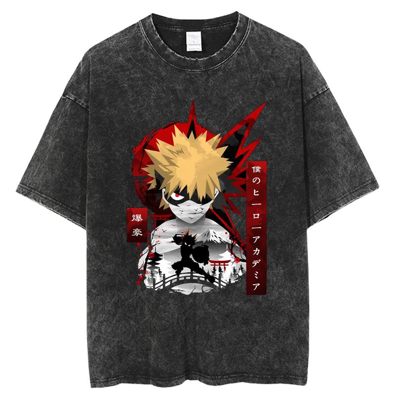 Anime My Hero Academia Clothing Bakugou Katsuki Printed Washed T-shirt Men Manga Cotton Tshirts Harajuku Male Oversized T Shirt