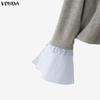 VONDA Women V-Neck Fake Two Piece Patchwork Long Sleeve Casual Blouse