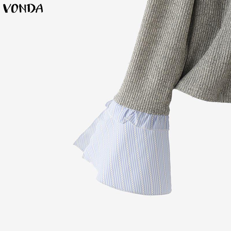 VONDA Women V-Neck Fake Two Piece Patchwork Long Sleeve Casual Blouse