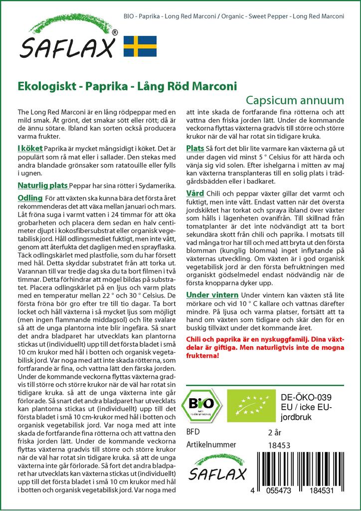 SAFLAX Dārzs maisā - Bioloģisks - Saldie pipari - Gari sarkani Marconi - 20 sēklas - Ar substrātu piemērotā stāvmaisā - Capsicum annuum