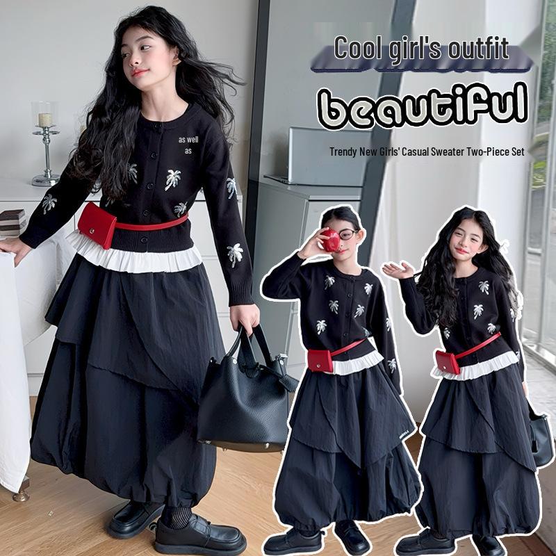 

2025 Autumn Girls Korean Style Cardigan Sweater & Skirt Set - Trendy Big Kids Fashionable Outfit 160 cm