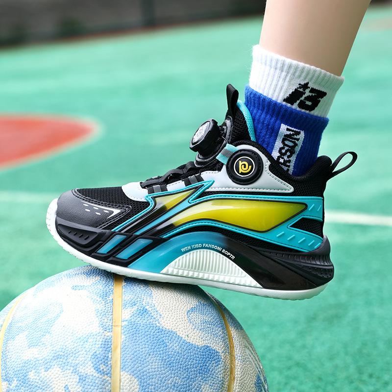 Foreign Trade Four-season Children's Basketball Shoes Medium and Old Children's Rotating Buckle Breathable Mesh Surface Non-slip and Wear-resistant Ac