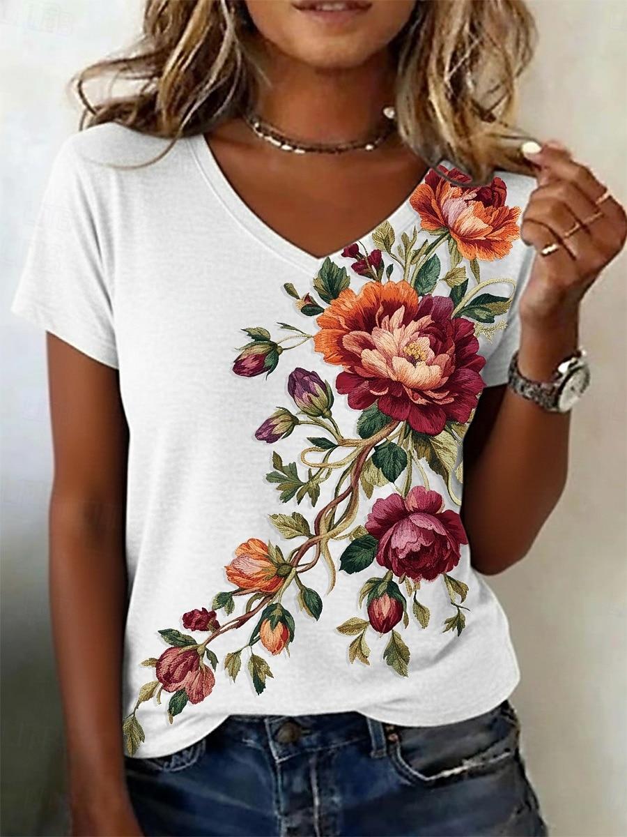 

Women s T Shirt Print Rose Stylish Casual Short Sleeve V Neck Regular Tops Daily Black White Pink Summer S