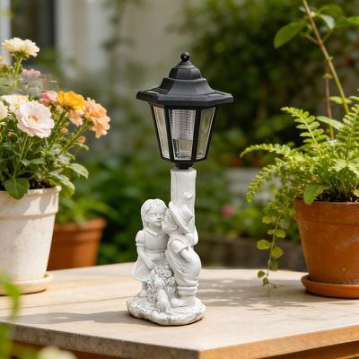 Solar Garden Decor Statue Outdoor Sculpture with Lantern Decorative Resin Unique Lawn Ornament