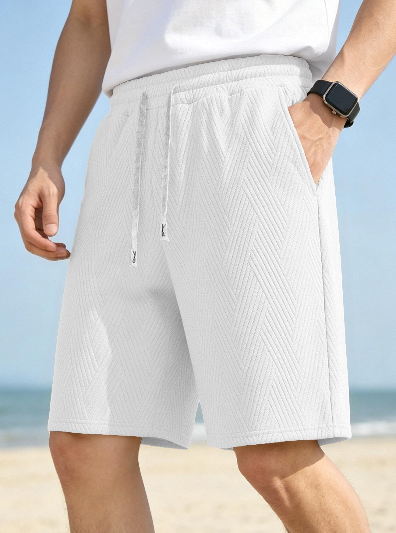 Men S Casual Textured Shorts Summer Breathable Drawstring Waist Sports Beach Shorts S белый