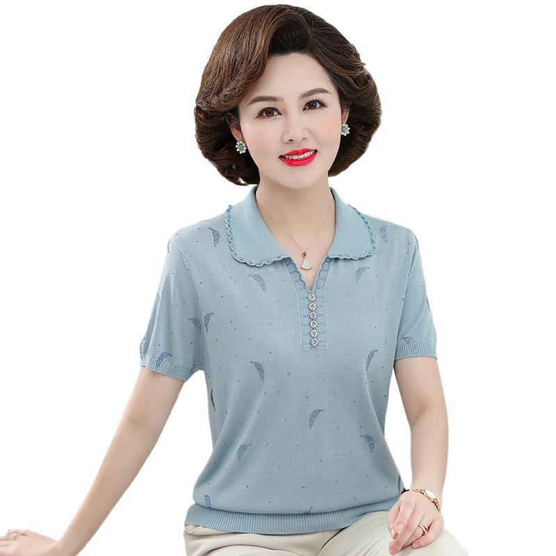 Mother's Style Ice Silk Collared T-shirt for Middle-Aged Women - 50s & 60s Short Sleeve Summer Top