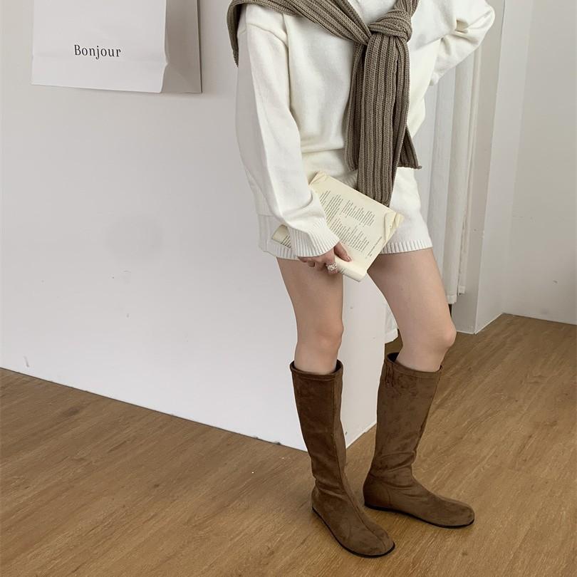 Suede Skinny Boots Fashion Boots Autumn and Winter 2025 New Round Head Long Cylinder Inner Height Increasing Stacking Boots European and American Cowb