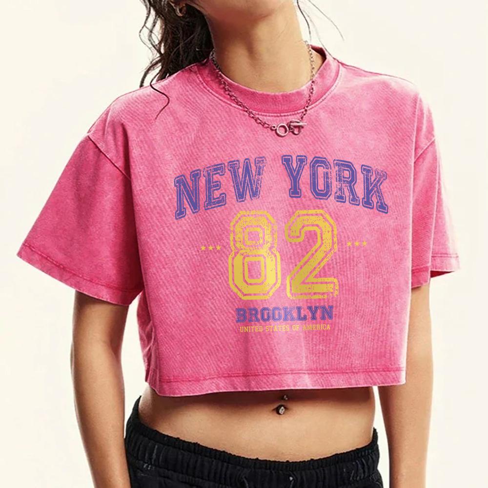 

New York 82 Hollow Out Word Printing Washed Tee Shirt Female Retro Comfortable T-Shirts Casual Clothes Short Sleeve M