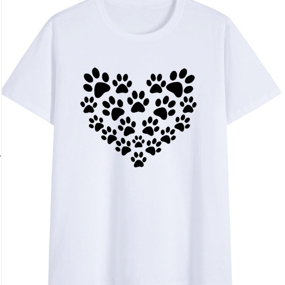 Women's Heart-shaped Dog Footprints Fun Print Dog Lover Round Neck Short Sleeve Sport T-shirt Tops  Harajuku