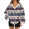 Women's Fashionable V-neck Christmas Printed Long Sleeved Casual Pullover Plush Warm Pocket Sweatshirt Top